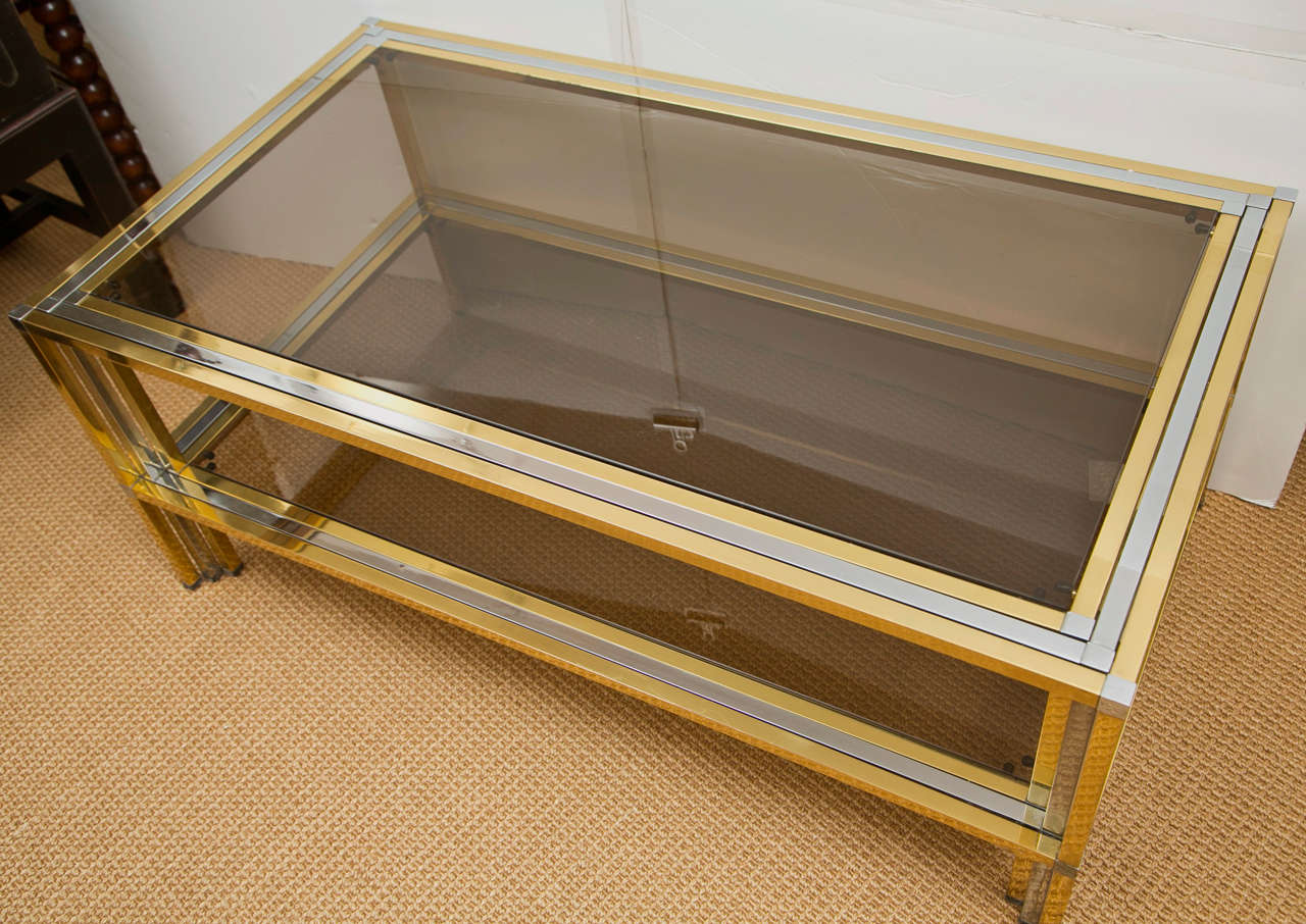 1970s French Brass and Chrome Rectangular Cocktail Table