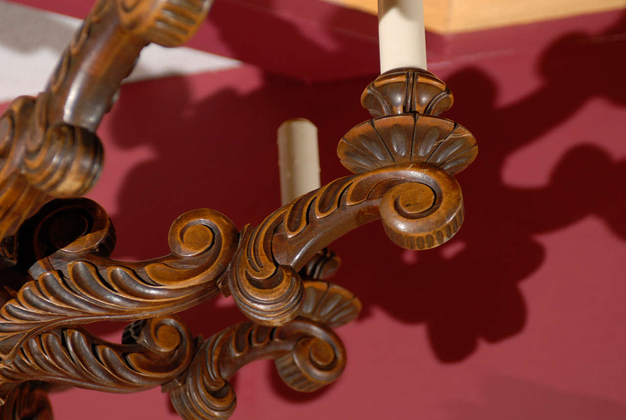 Walnut Antique Chandelier. Hand Carved French Wooden Chandelier