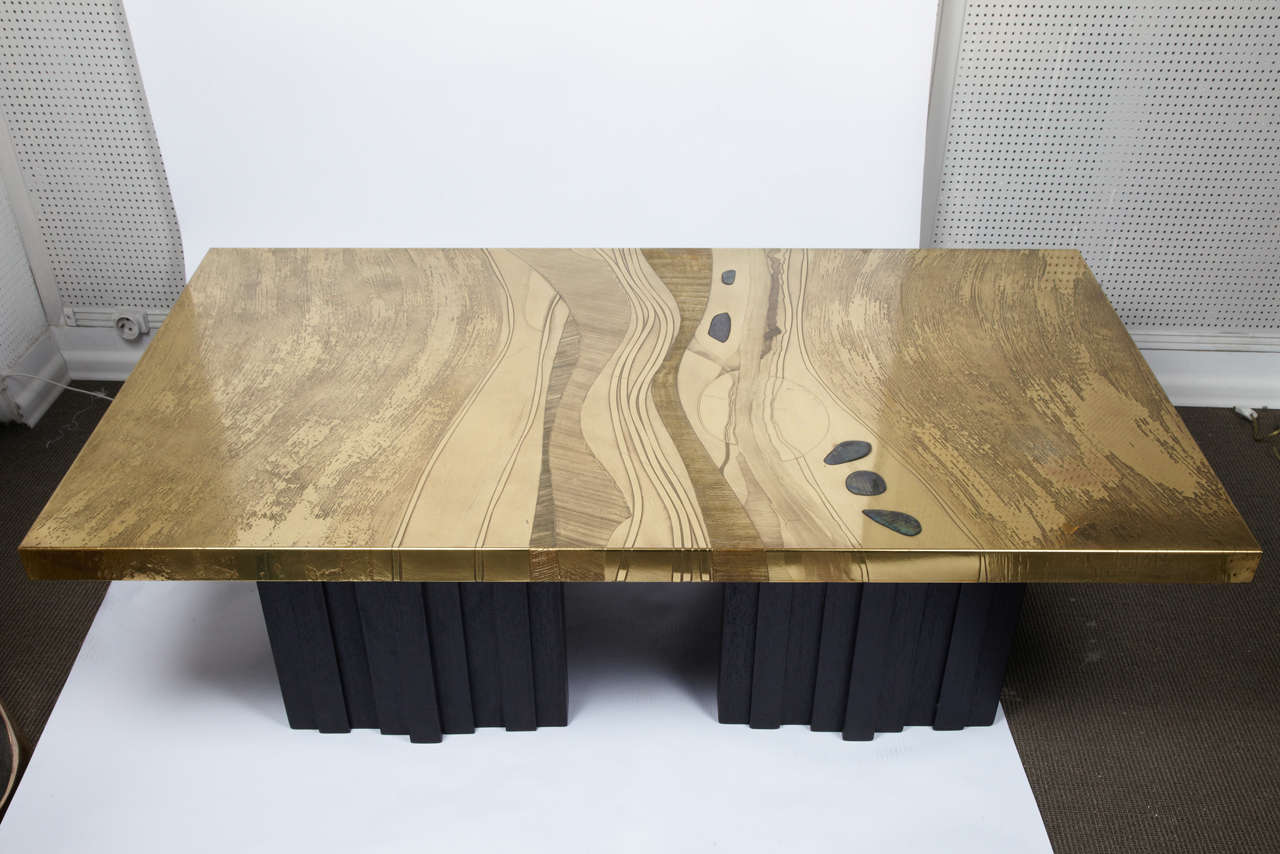 One of a kind low table  by christian Krecklels with incrustation of labradorite.(signed and date)