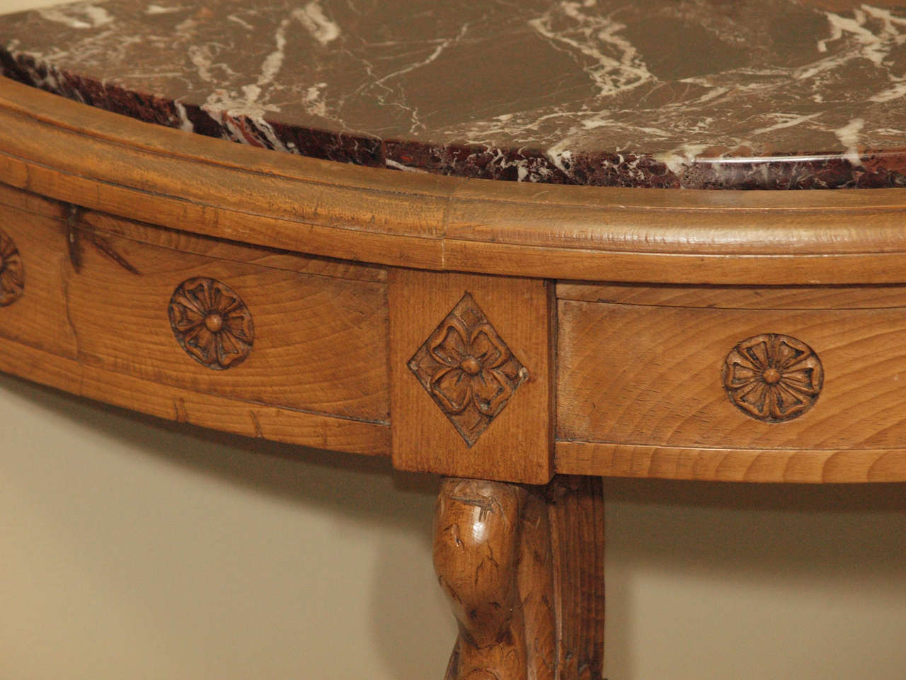 Pair of French Walnut Neoclassic Consoles with Brown Marble Top 2