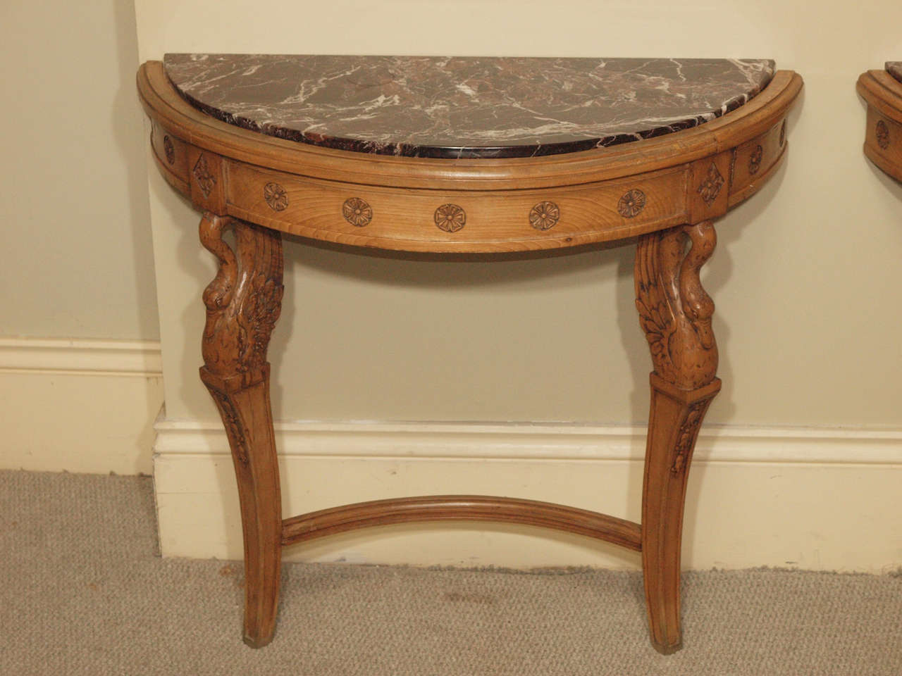 Pair of French Walnut Neoclassic Consoles with Brown Marble Top 4