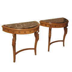 Pari French walnut neoclassic consoles w/brown marble top 8