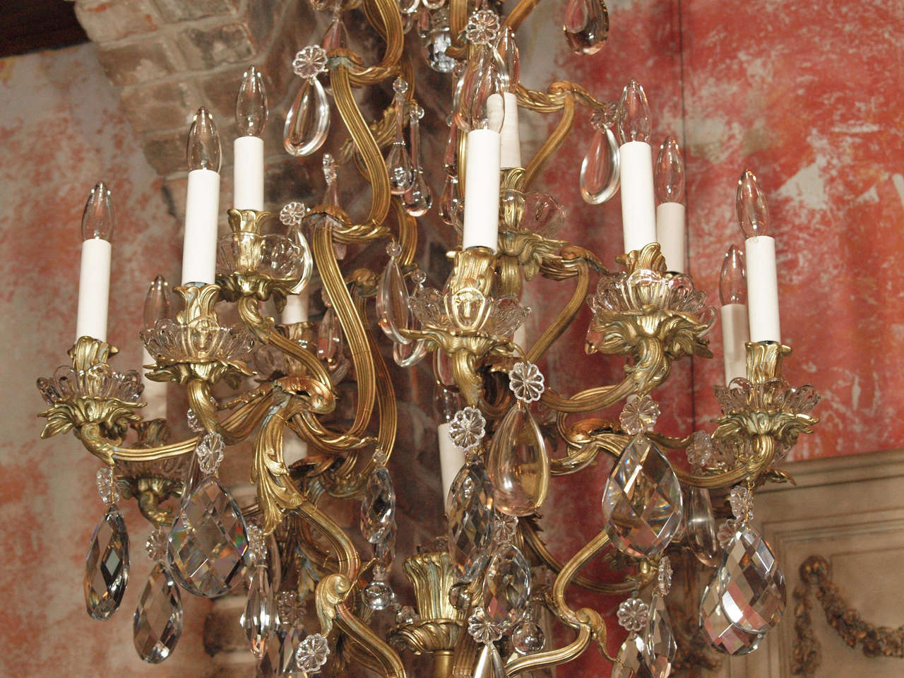 Antique French crystal and bronze d'ore 20-light chandelier 4