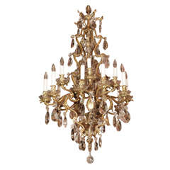 Antique French crystal and bronze d'ore 20-light chandelier