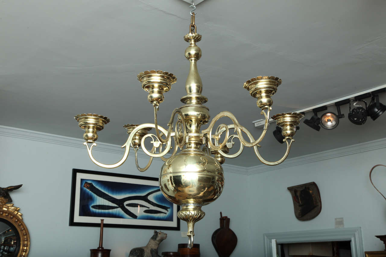 Important Early 1700's Six Arm Brass Chandelier