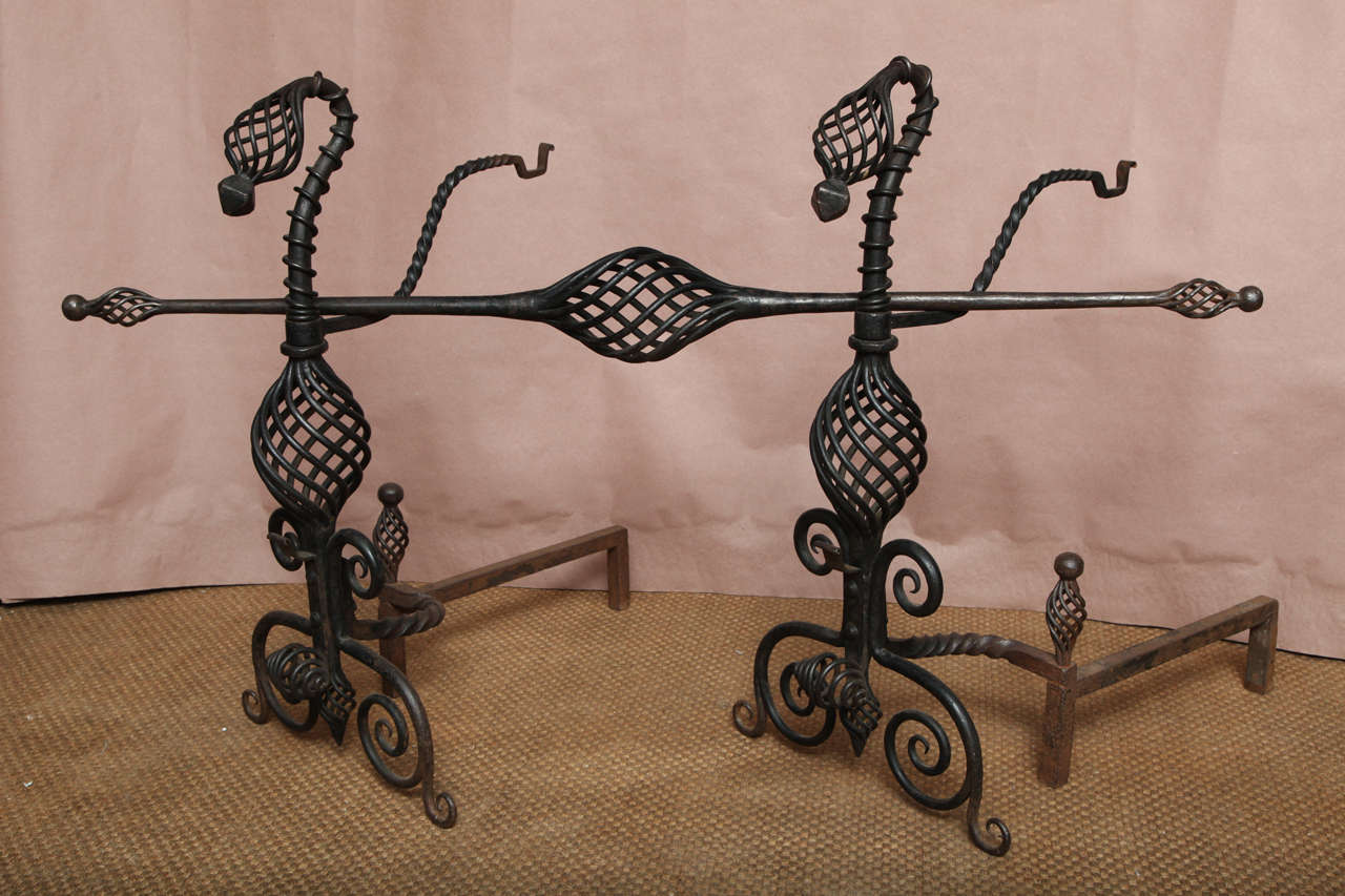 Pair of Arts and Crafts Wrought Iron Andirons For Sale 2