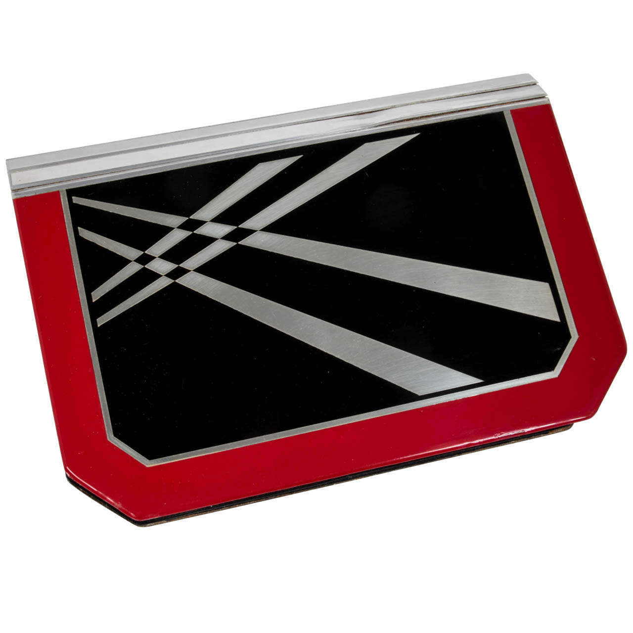 French Art Deco Dynamic Lacquered Aluminum Black Silk Satin Clutch/Purse c. 1930 For Sale