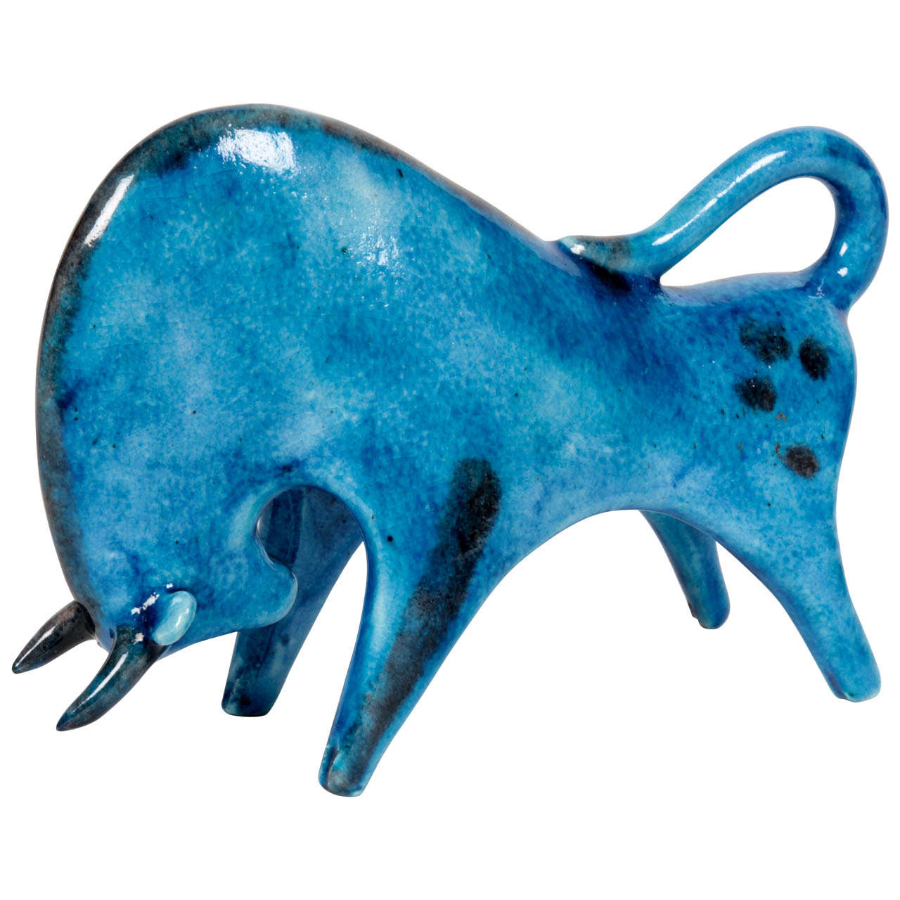 Guido Gambone/Italian Blue Glazed Pottery "Bull" Sculpture circa 1950 For Sale