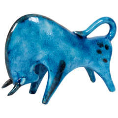 Guido Gambone/Italian Blue Glazed Pottery "Bull" Sculpture circa 1950