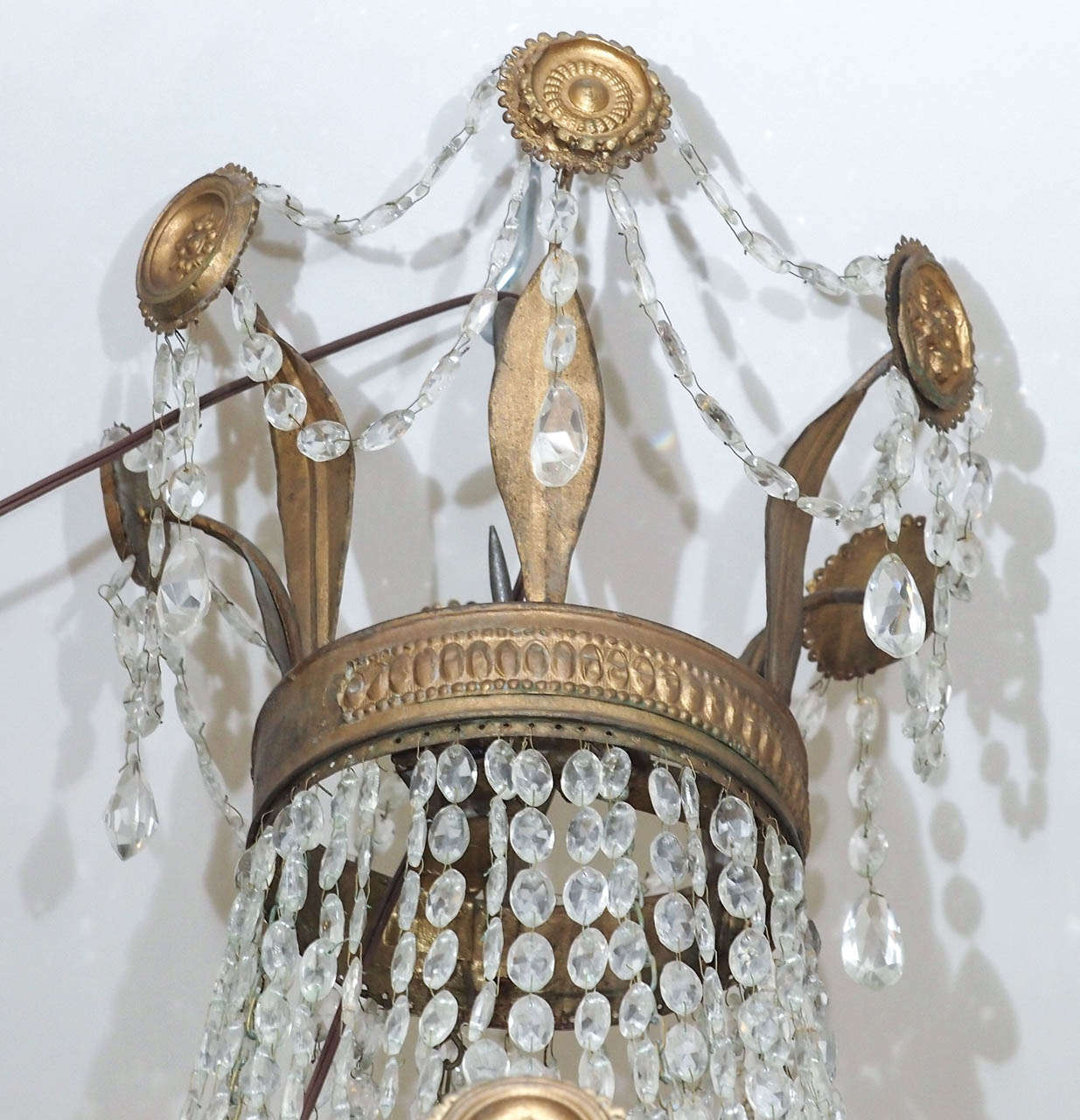 Italian Early 19th c. Empire Chandelier of stamped brass and crystal