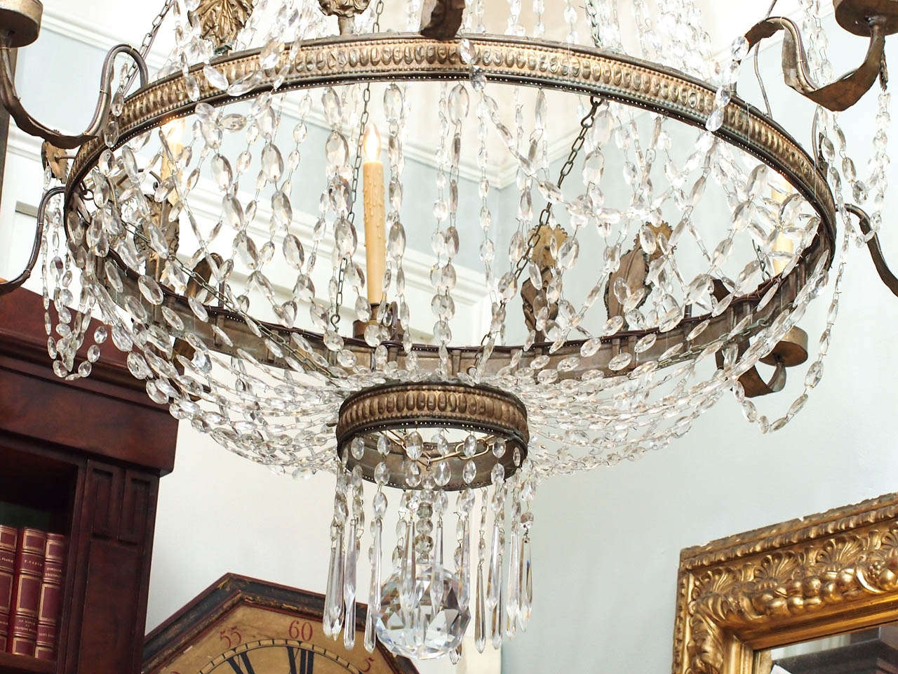 Early 19th c. Empire Chandelier of stamped brass and crystal 1