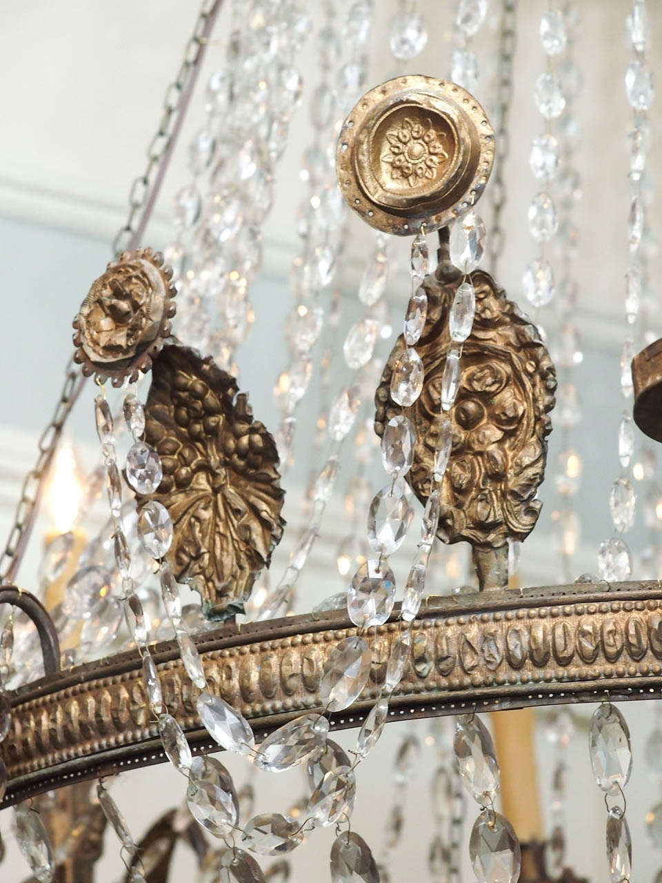 Early 19th c. Empire Chandelier of stamped brass and crystal 3