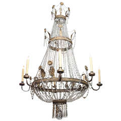 Early 19th c. Empire Chandelier of stamped brass and crystal