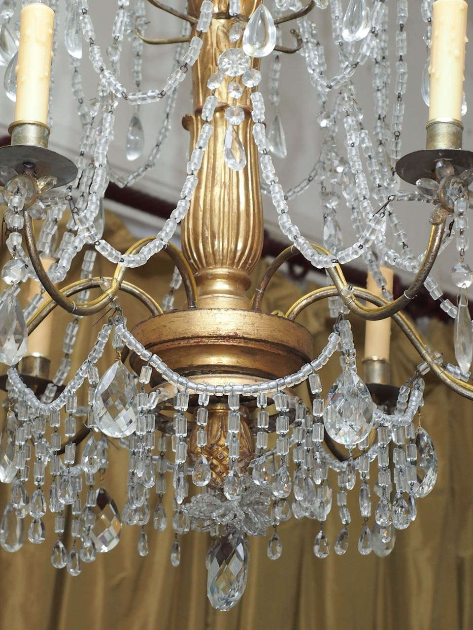 19th Century Italian Genovese Chandelier with Gilt Iron Arms And Wood Stem