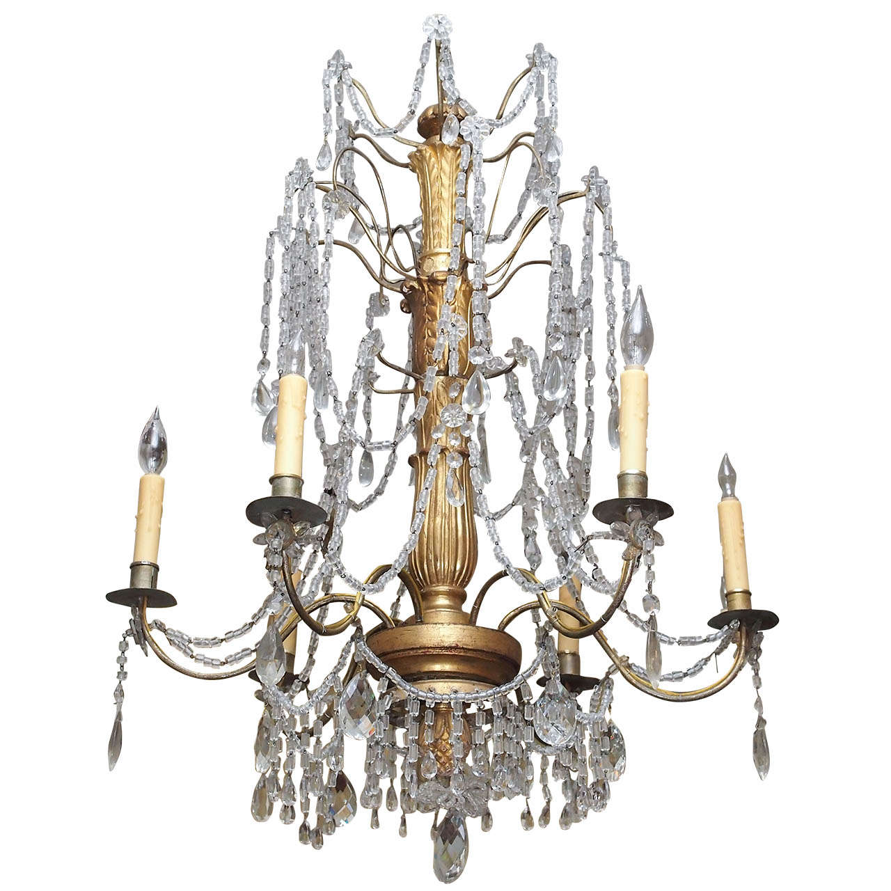 Italian Genovese Chandelier with Gilt Iron Arms And Wood Stem