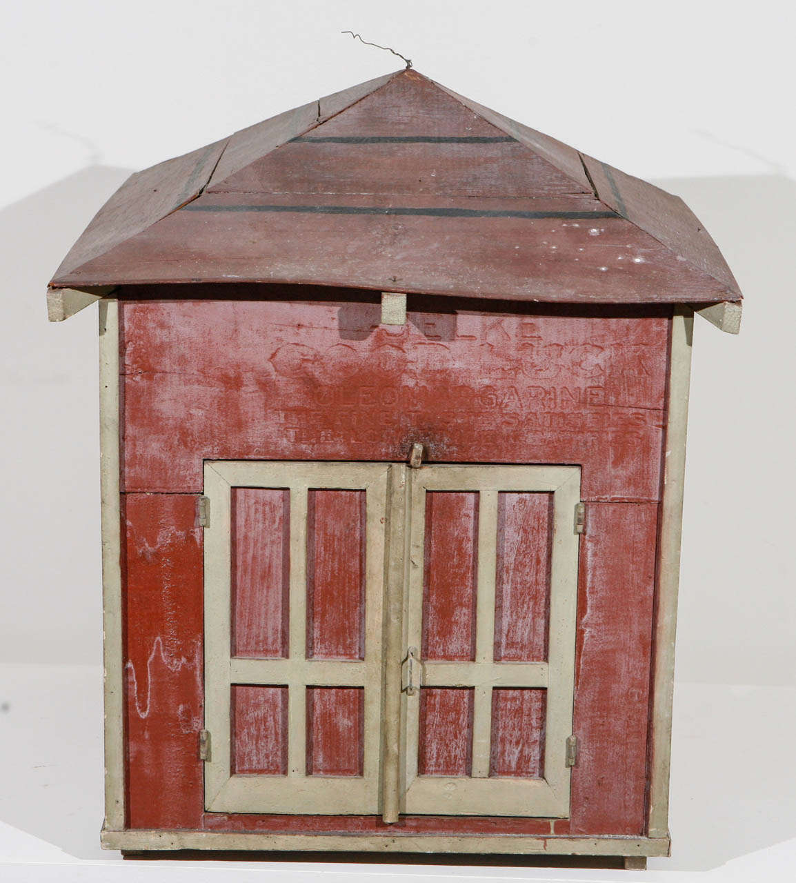 Wooden Folk Art model Farm House (made of scrap woods, glass, nails and miniature hinges), with original, barn red paint with gray trim.  The small structure has very rare, double hung glass windows which raise to open, along with a single door and