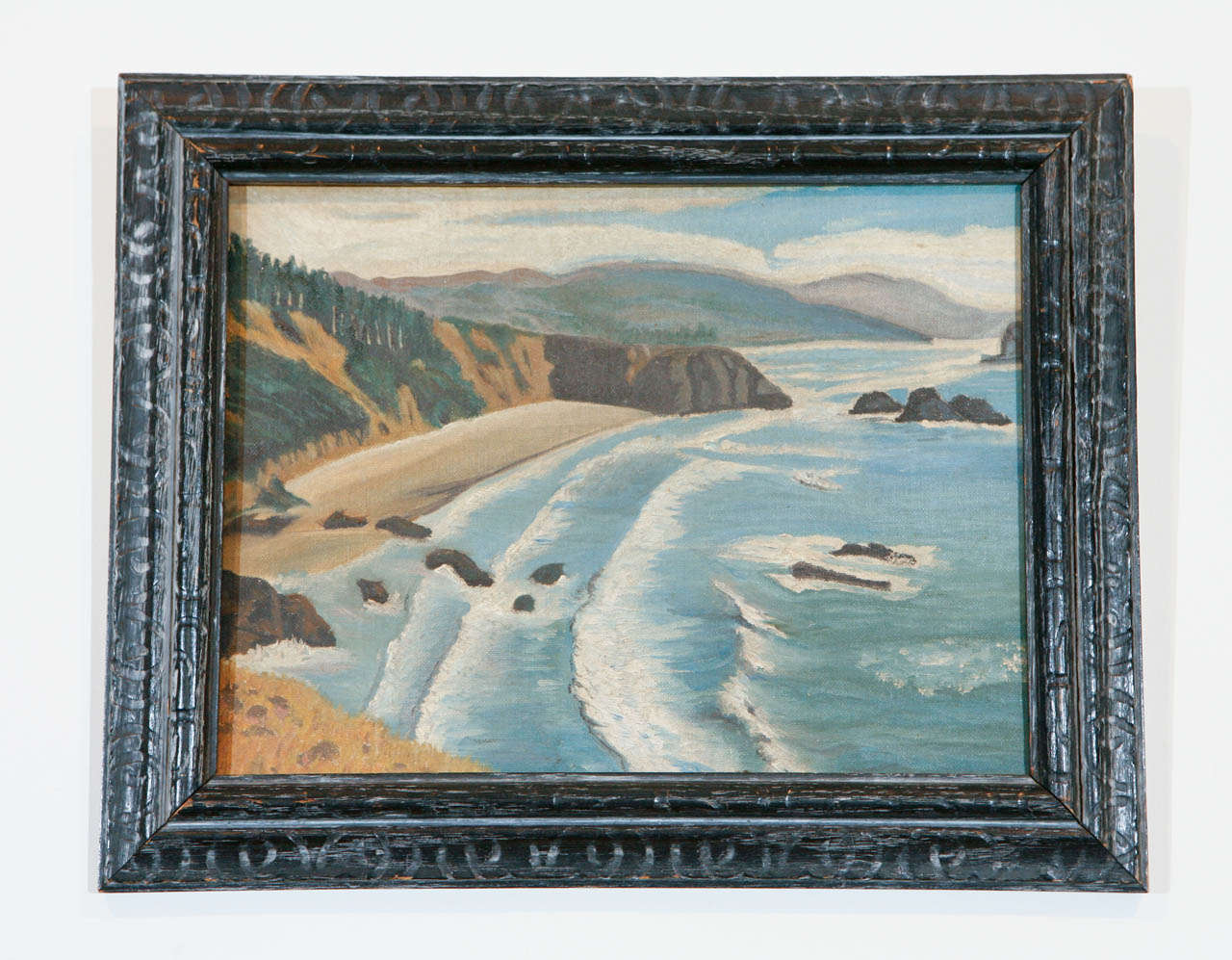 Small naive painting of (possibly) California coastline on artist's board, circa 1930.  Signed in red in lower left corner J. Glynn.  Signature is covered by frame which is likely not the original for this painting, but is an appropriate age and
