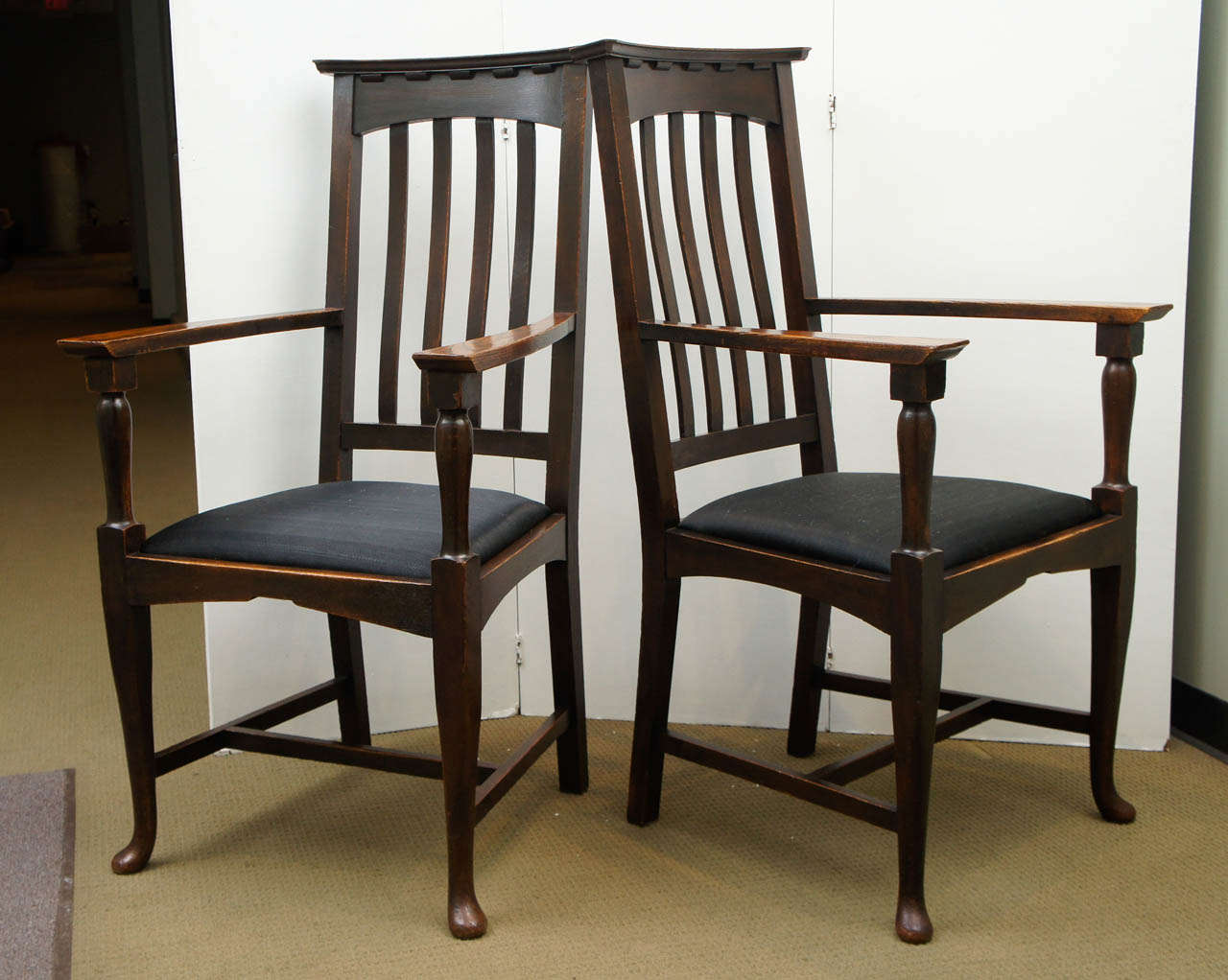 Pair English Arts And Crafts Oak Armchairs, 19th C.