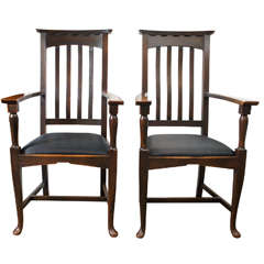 Pair English Arts And Crafts Oak Armchairs, 19th C.
