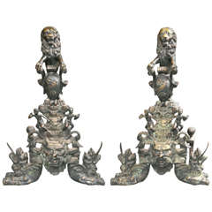 Bronze Figural Andirons-Mythical with Lions/Dragons