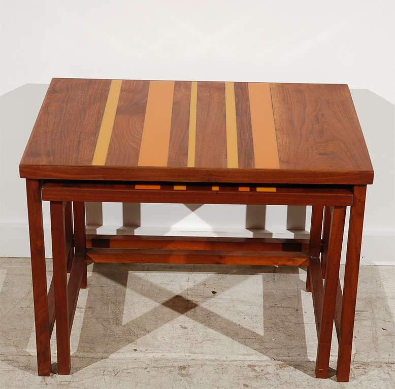 Pair of walnut tables with poured resin top by Frank Rohloff