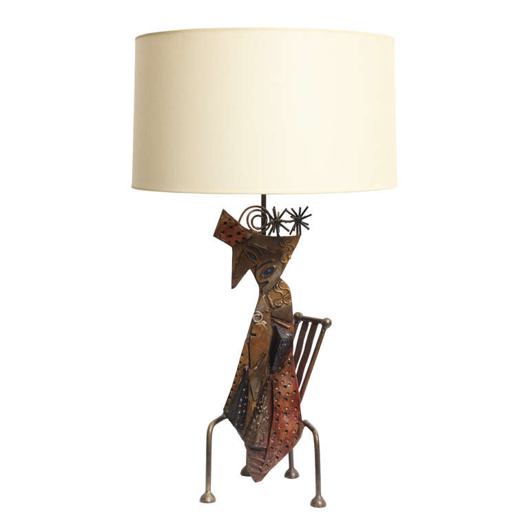 Handcrafted Iron Sculptural Table Lamp of Cat on Chair