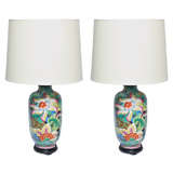 A Pair of  Japanese Porcelain Vibrant Floral Table Lamps