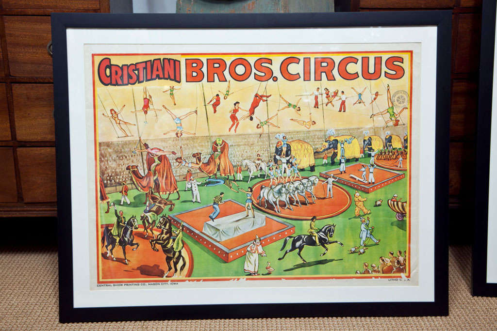 Whimsical and Bright Framed Original 1950s Circus Poster In Excellent Condition For Sale In Mt Kisco, NY