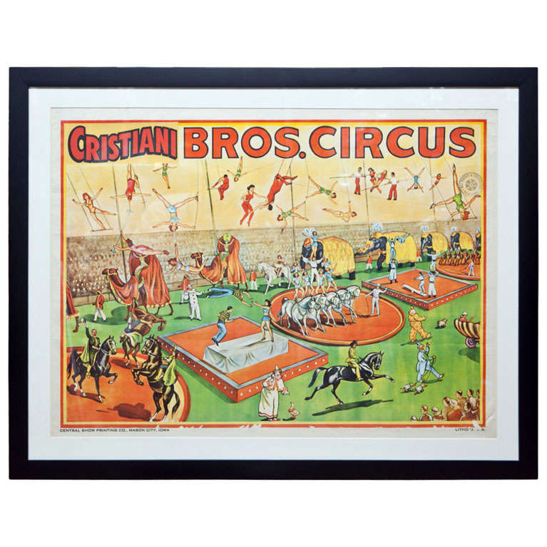 Whimsical and Bright Framed Original 1950s Circus Poster For Sale at