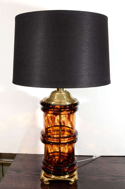 Hand Blown Tortoise Glass with Brass Fittings,Newly rewired with custom black linen drum shades.