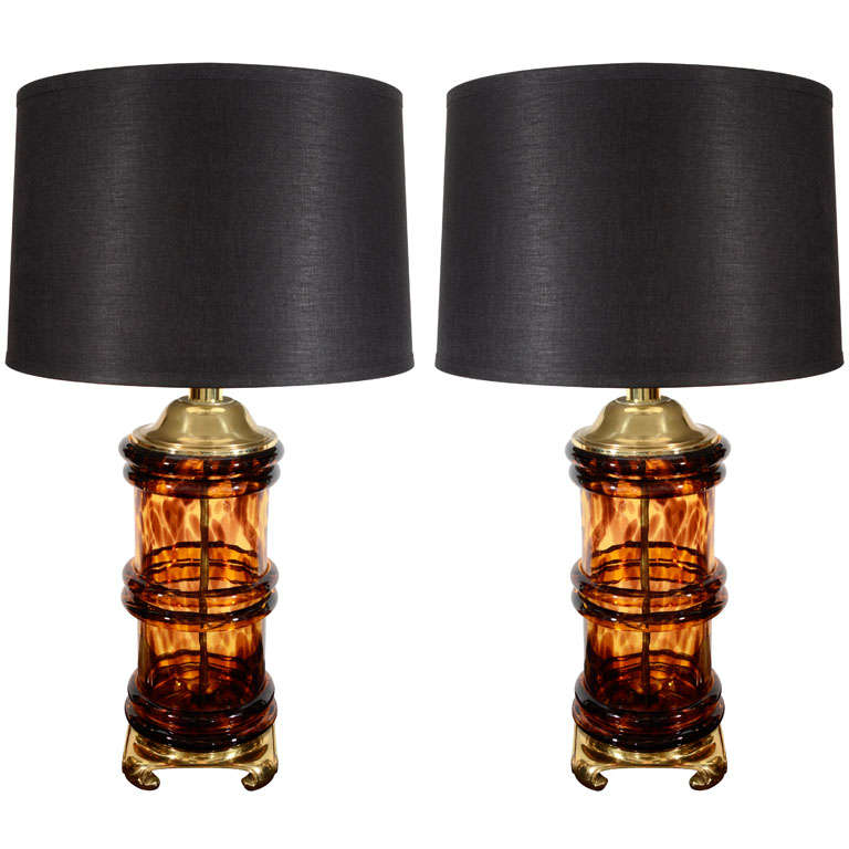 Pair of Tortoise Glass Column Lamps