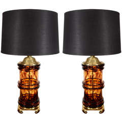 Pair of Tortoise Glass Column Lamps