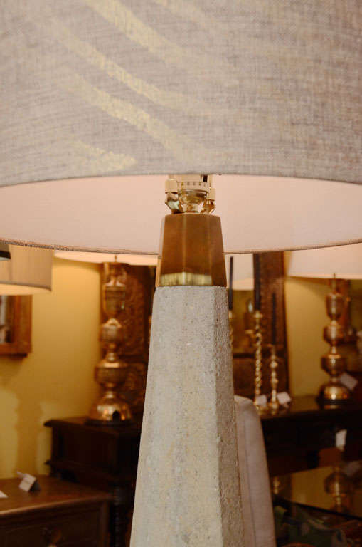 Pair of Poured Concrete Lamp with Brass Trim In Excellent Condition For Sale In Southampton, NY