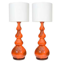 Pair of 1950's Italian Orange Drip Glazed Lamps