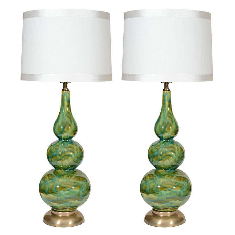 Pair of Italian Mottled Jade Green Ceramic Lamps