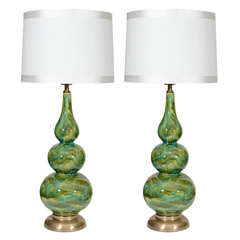 Retro Pair of Italian Mottled Jade Green Ceramic Lamps