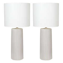 Vintage Pair of Gordon Martz Chalk White Pinstripe Ceramic Lamps