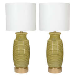 Pair of French 1950's Ribbed Celadon Glazed Lamps