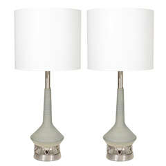 Pair of Gray Ceramic Lamps on Satin Nickel Bases by Rembrandt