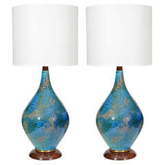 Pair of Italian Blue Textured Glazed Ceramic Lamps