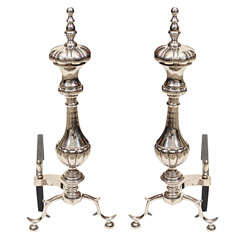 Pair of Art Deco Polished Nickel Andirons with Gored Details