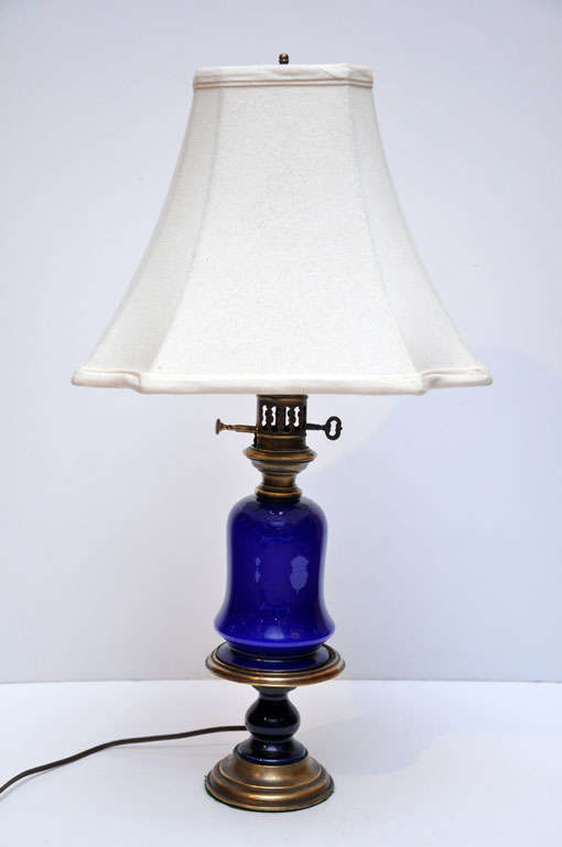 Pair of Cobalt Blue Paris Porcelain Oil Lamps, Circa 1860