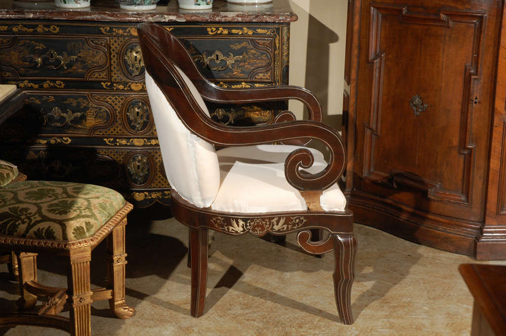 Walnut Pair of 19th Century Steel Inlaid Armchairs