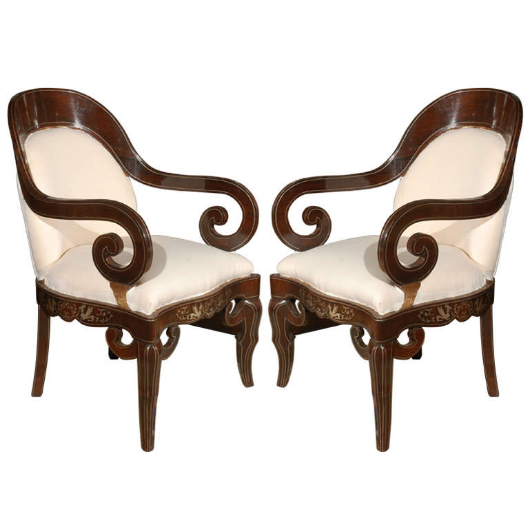 Pair of 19th Century Steel Inlaid Armchairs