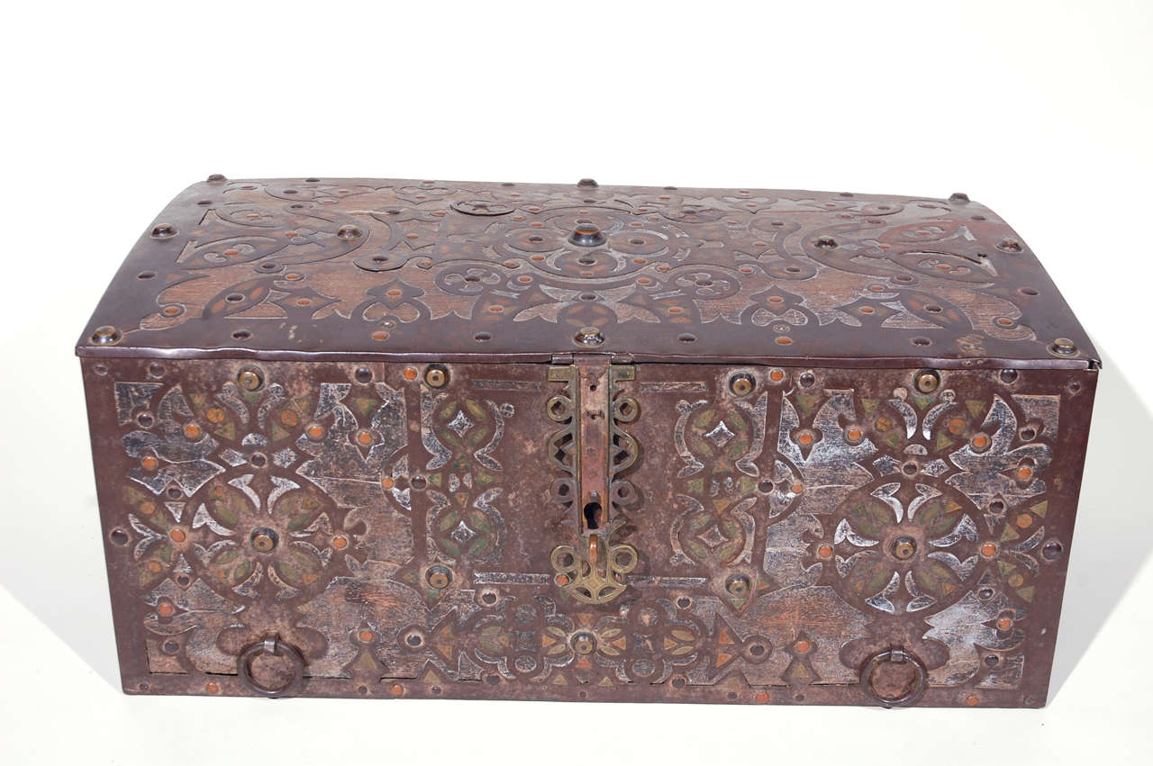 Mauritanian brass, copper and iron mounted hardwood coffer
