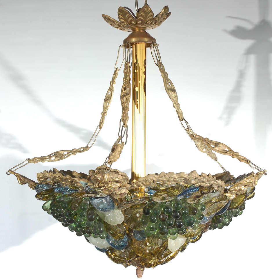 Art Decco Art Glass & Brass Chandelier