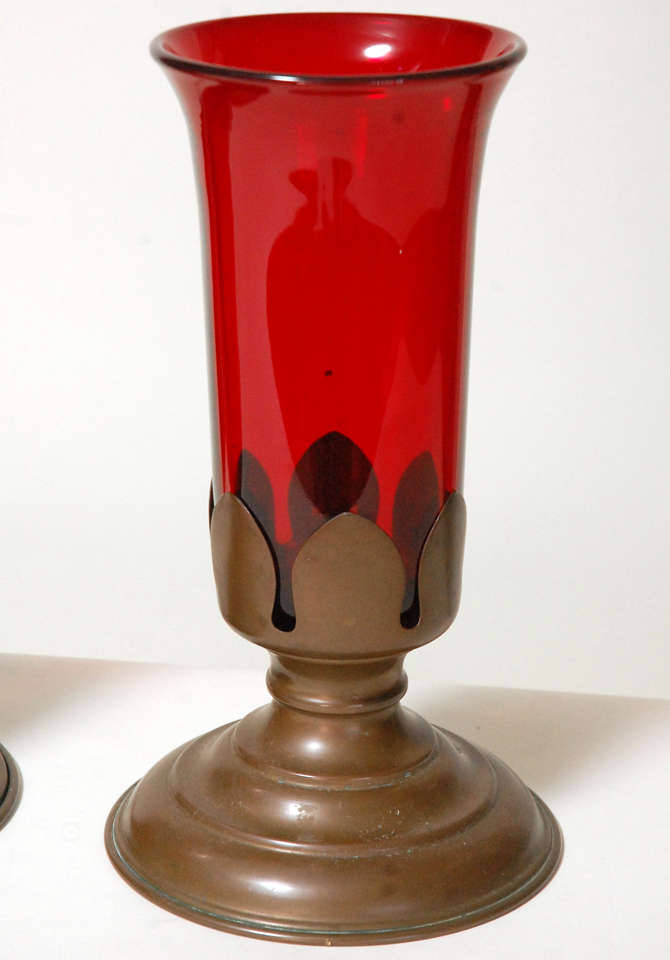 Arts and Crafts Antique Pair Red Glass Vases in Stands For Sale