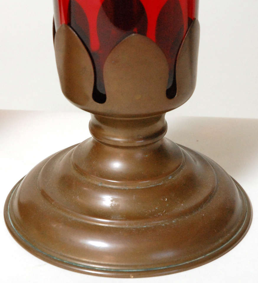 American Antique Pair Red Glass Vases in Stands For Sale