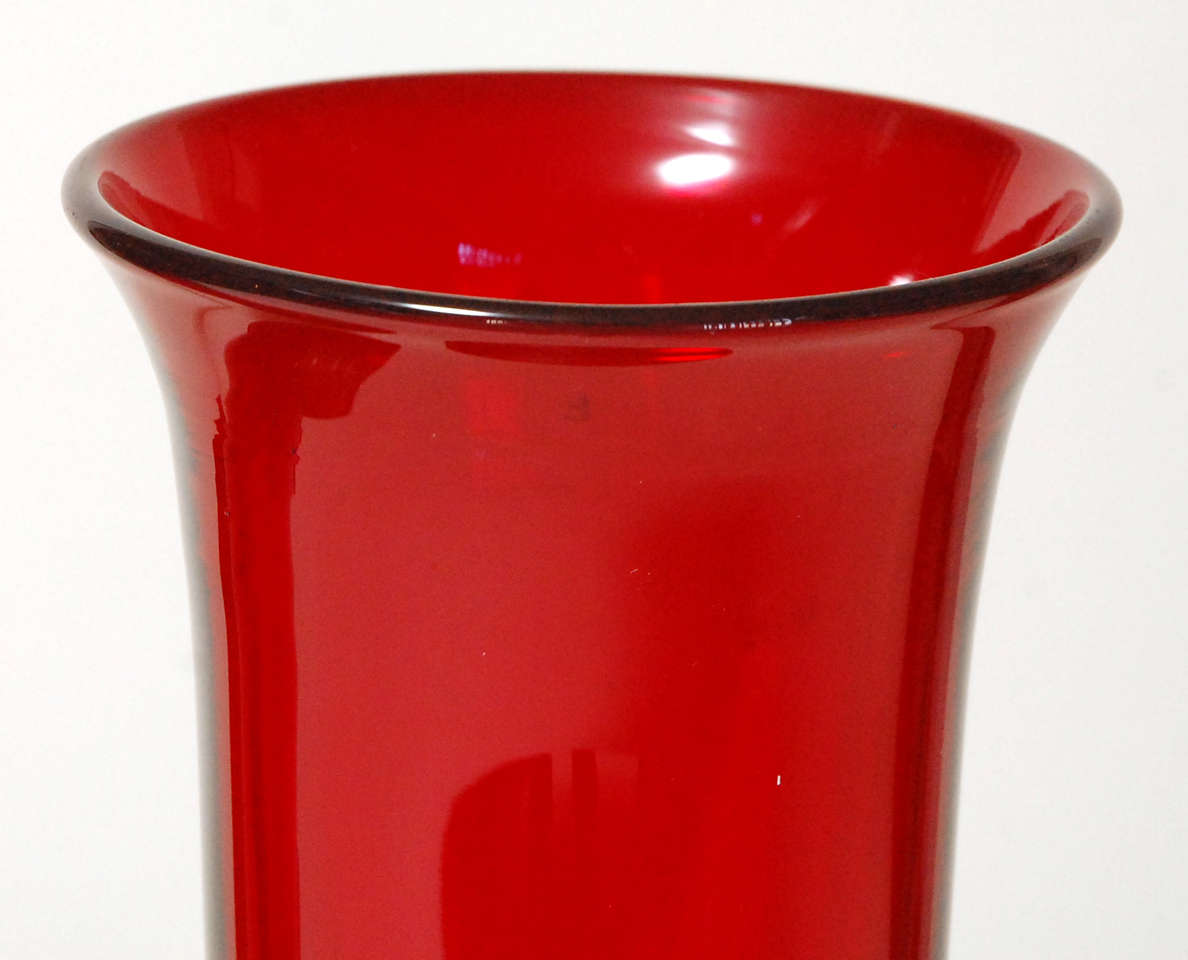 Antique Pair Red Glass Vases in Stands In Excellent Condition For Sale In Culver City, CA