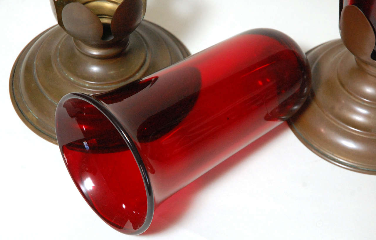 Metal Antique Pair Red Glass Vases in Stands For Sale